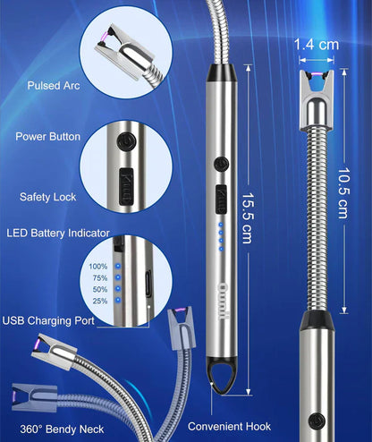 USB Rechargeable Flameless Arc Lighter Flexible and Windproof for Candles, Hiking, Camping, Kitchen, Fireplaces